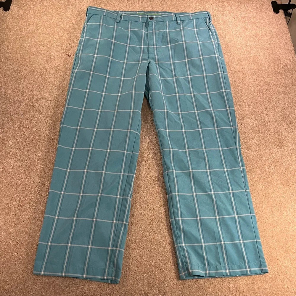 IZOD Golf Pants Mens 40x30 Aqua Blue Windowpane Plaid Flat Front Trousers